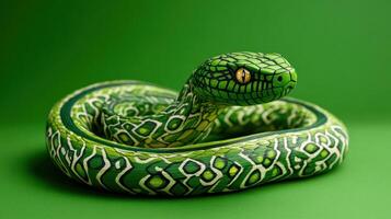 Intricate green snake with tribal patterns, blending natural beauty with bold design. photo