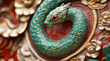 Decorative green wooden snake with detailed scales, marking the 2025 Chinese New Year. photo