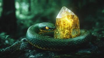 Green wooden snake with emerald eyes on a dark background. photo