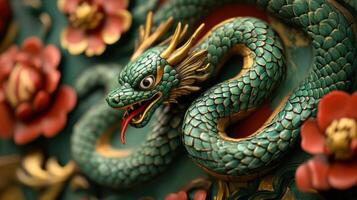 Beautifully crafted green snake with gold details and red tongue, marking the 2025 Chinese zodiac. photo