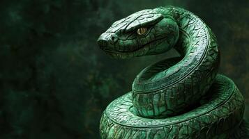 Green wooden snake wrapped around jade, intricate carving design. photo