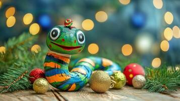 Adorable green snake with colorful patterns, handcrafted for children's enjoyment. photo