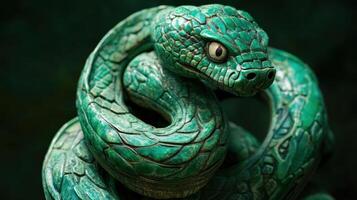 Green wooden snake wrapped around jade, intricate carving design. photo
