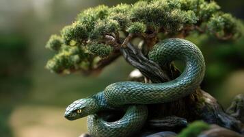 Green snake made of wood intertwined with a bonsai, representing the Chinese New Year 2025. photo