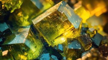 Macro shot of polished vesuvianite, showcasing its vibrant yellow-green hues and crystalline structure. photo