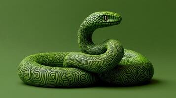 Ornate wooden snake with tribal patterns, showcasing a unique blend of art and nature. photo