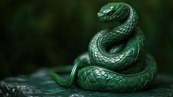 Green wooden snake wrapped around jade, intricate carving design. photo