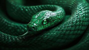 Intricately carved green snake with bright emerald eyes, symbolizing 2025. photo
