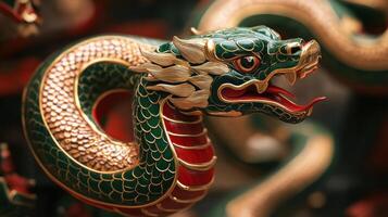 Beautifully crafted green snake with gold details and red tongue, marking the 2025 Chinese zodiac. photo