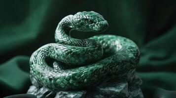 Green wooden snake wrapped around jade, intricate carving design. photo