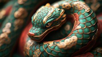 Green wooden snake with emerald eyes on a dark background. photo