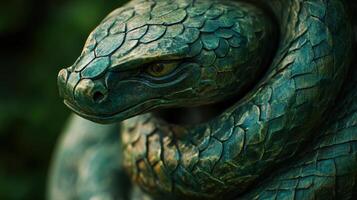 Green wooden snake wrapped around jade, intricate carving design. photo
