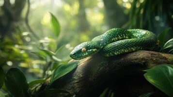 Green wooden snake with emerald eyes on a dark background. photo