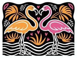 two flamingos are standing in front of a tropical background vector