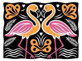 two flamingos are standing with nature. vector