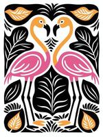 two flamingos are standing in front of a black and white background vector