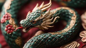 Beautifully crafted green snake with gold details and red tongue, marking the 2025 Chinese zodiac. photo