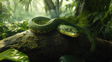 Green wooden snake with emerald eyes on a dark background. photo