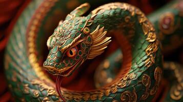 Beautifully crafted green snake with gold details and red tongue, marking the 2025 Chinese zodiac. photo