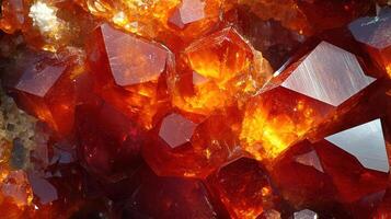 Zincite surface in extreme close-up, highlighting its vibrant color transitions from deep red to bright orange with intricate crystal formations. photo