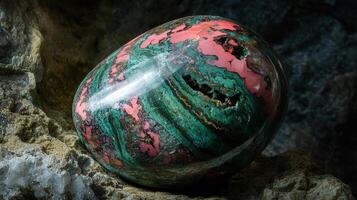 Polished zoisite gemstone with intricate red and green patterns. photo
