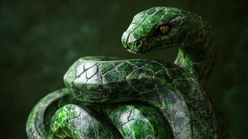 Green wooden snake wrapped around jade, intricate carving design. photo