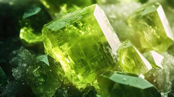 Extreme close-up of peridot surface, focusing on its rich green tones and the geometric facets of the crystal. photo
