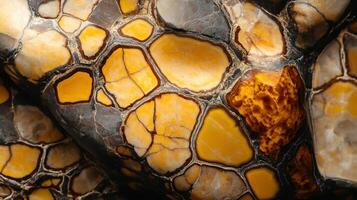 Detailed view of septarian stone showcasing yellow and brown textures photo
