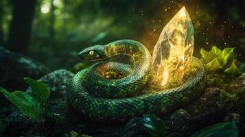 Green wooden snake with emerald eyes on a dark background. photo