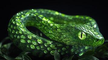 Intricately carved green snake with bright emerald eyes, symbolizing 2025. photo