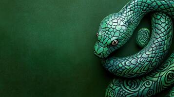 Intricate green snake with tribal patterns, blending natural beauty with bold design. photo