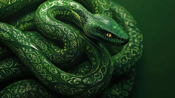 Ornate wooden snake with tribal patterns, showcasing a unique blend of art and nature. photo