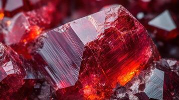 Polished garnet gemstone with deep red hues and sharp crystal edges. photo