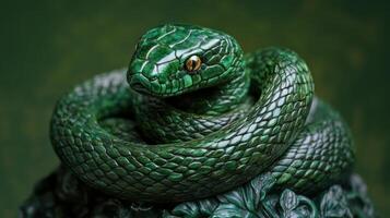 Green wooden snake wrapped around jade, intricate carving design. photo