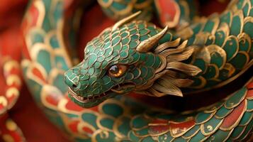 Beautifully crafted green snake with gold details and red tongue, marking the 2025 Chinese zodiac. photo