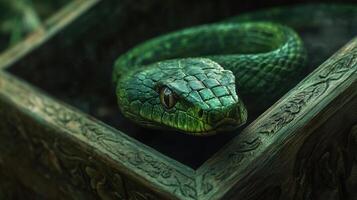 Green serpent emerging from a beautifully carved wooden box. photo