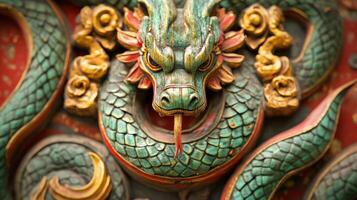 Beautifully crafted green snake with gold details and red tongue, marking the 2025 Chinese zodiac. photo