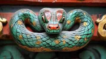 Green wooden snake with emerald eyes on a dark background. photo