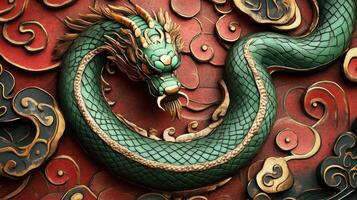 Beautifully crafted green snake with gold details and red tongue, marking the 2025 Chinese zodiac. photo