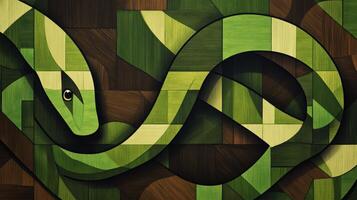 Abstract green and brown wooden snake on a textured surface. photo