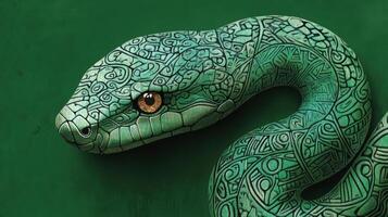 Ornate wooden snake with tribal patterns, showcasing a unique blend of art and nature. photo