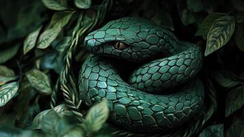 Green snake sculpture in wood, surrounded by carved leaves, highlighting craftsmanship. photo