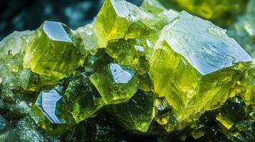 Garnierite gemstone in extreme detail, featuring intense yellow-green colors with crystalline structures. photo