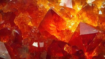 Zincite surface in extreme close-up, highlighting its vibrant color transitions from deep red to bright orange with intricate crystal formations. photo
