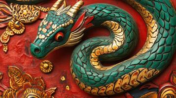 Beautifully crafted green snake with gold details and red tongue, marking the 2025 Chinese zodiac. photo