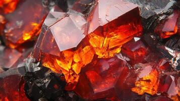 Zincite surface in extreme close-up, highlighting its vibrant color transitions from deep red to bright orange with intricate crystal formations. photo