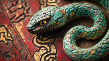 Artistic green wooden snake with detailed scales, embodying the symbol of the 2025 Chinese zodiac. photo