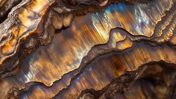 Vibrant opalized wood close-up revealing colorful, wavy layers photo