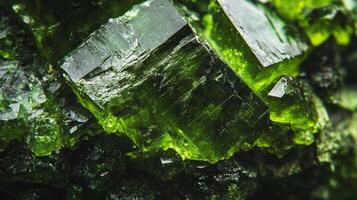 Polished diopside gemstone with deep green hues and sharp crystal edges. photo