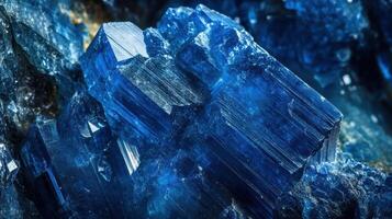 Deep blue kyanite crystal with unique formations and clear facets. photo